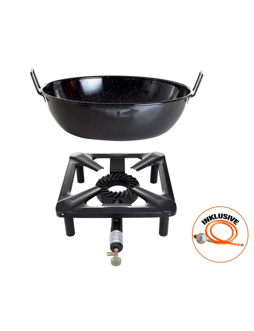 Table cooking set (small) with enamel bowl Ø 30 cm, including gas hose and regulator