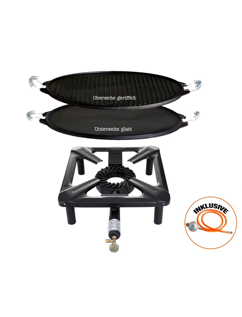 Cooking set for table (small) with cast iron baking plate Ø 38 cm light, including gas hose and regulator