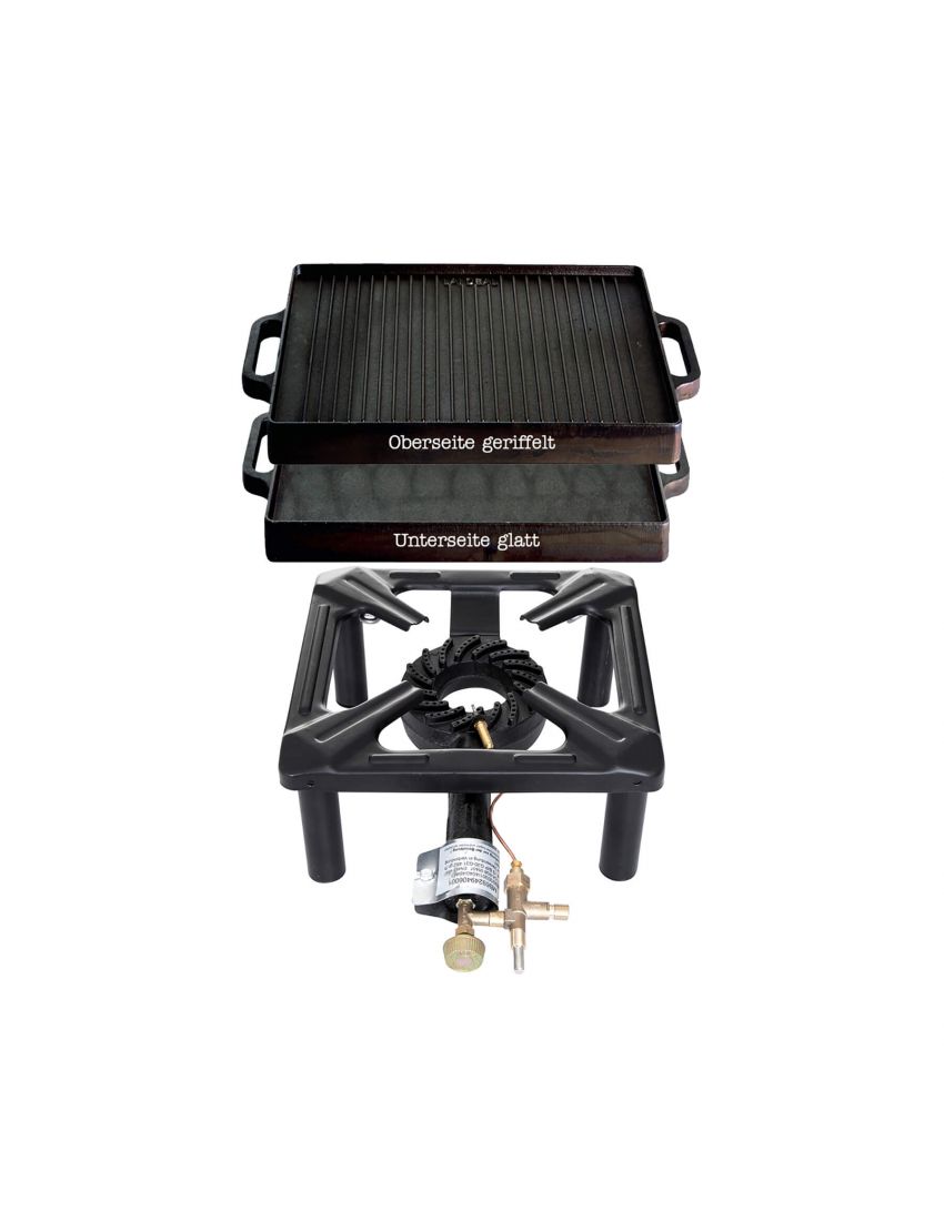 Cooking set for camping chair (small) with cast iron grill plate 32 x 32 cm - with lighter
