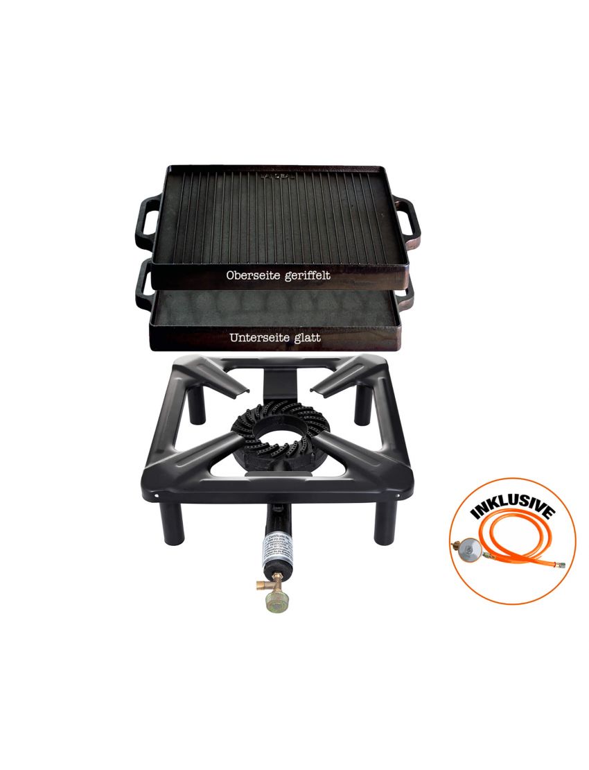 Table cooking set (small) with cast iron grill plate 32 x 32 cm, including gas hose and regulator