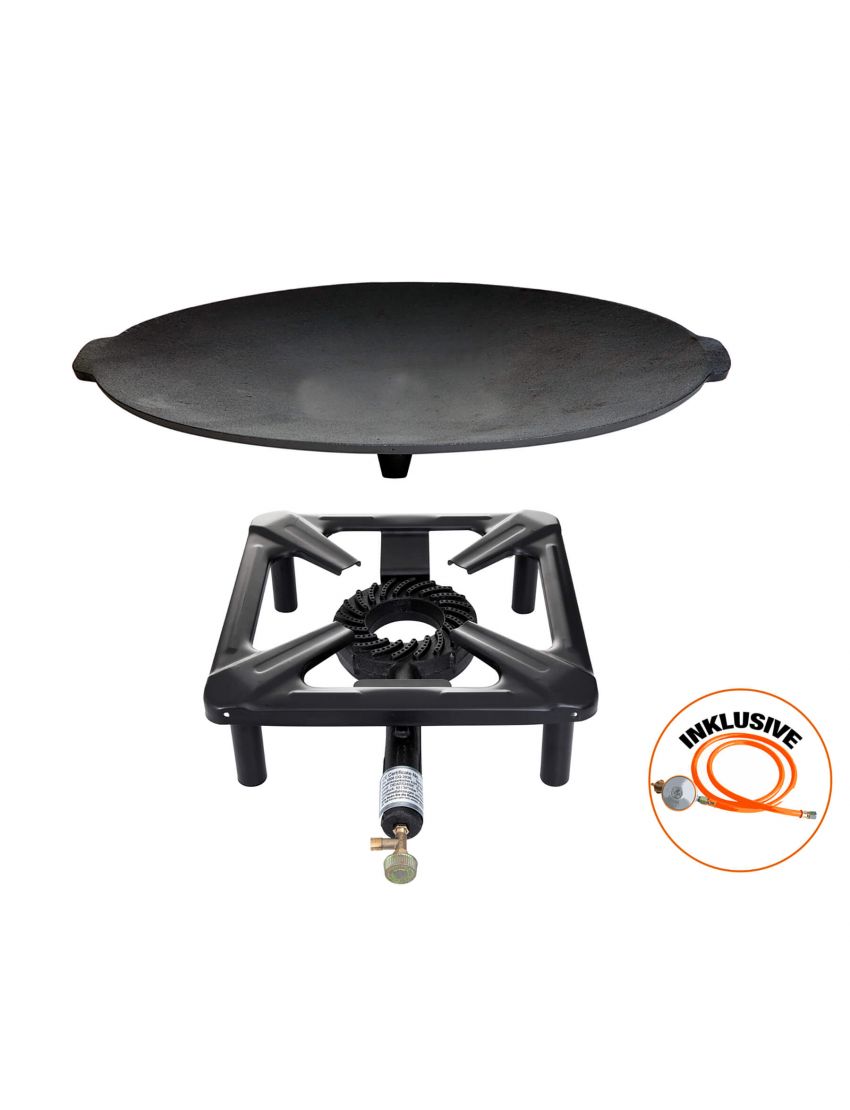 Small stove set with cast iron grill Ø 45 cm, including gas hose and regulator