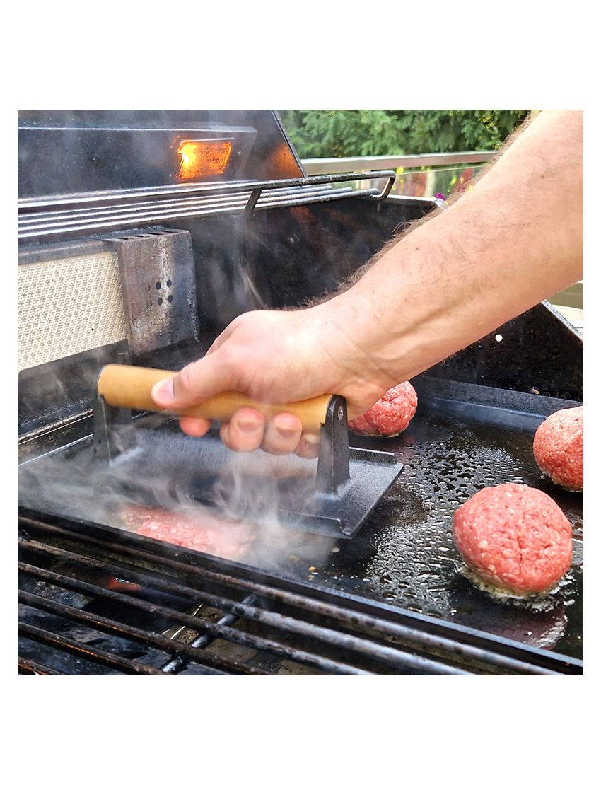 Cast iron meat and burger press with wooden handle 21x11x7 cm