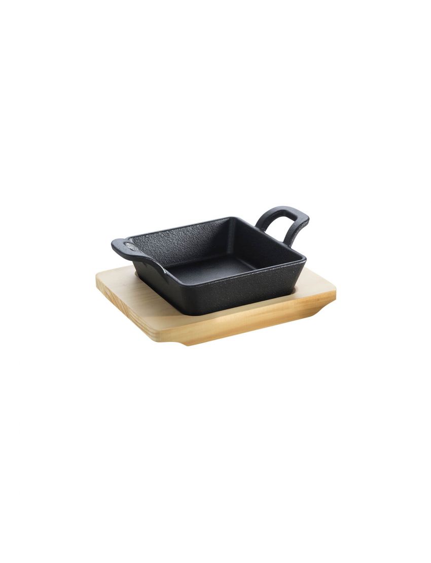 Cast iron pan - square - with 2 handles 14 x14 cm and wooden base