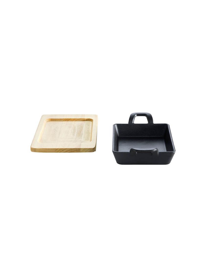 Cast iron pan - square - with 2 handles 14 x14 cm and wooden base
