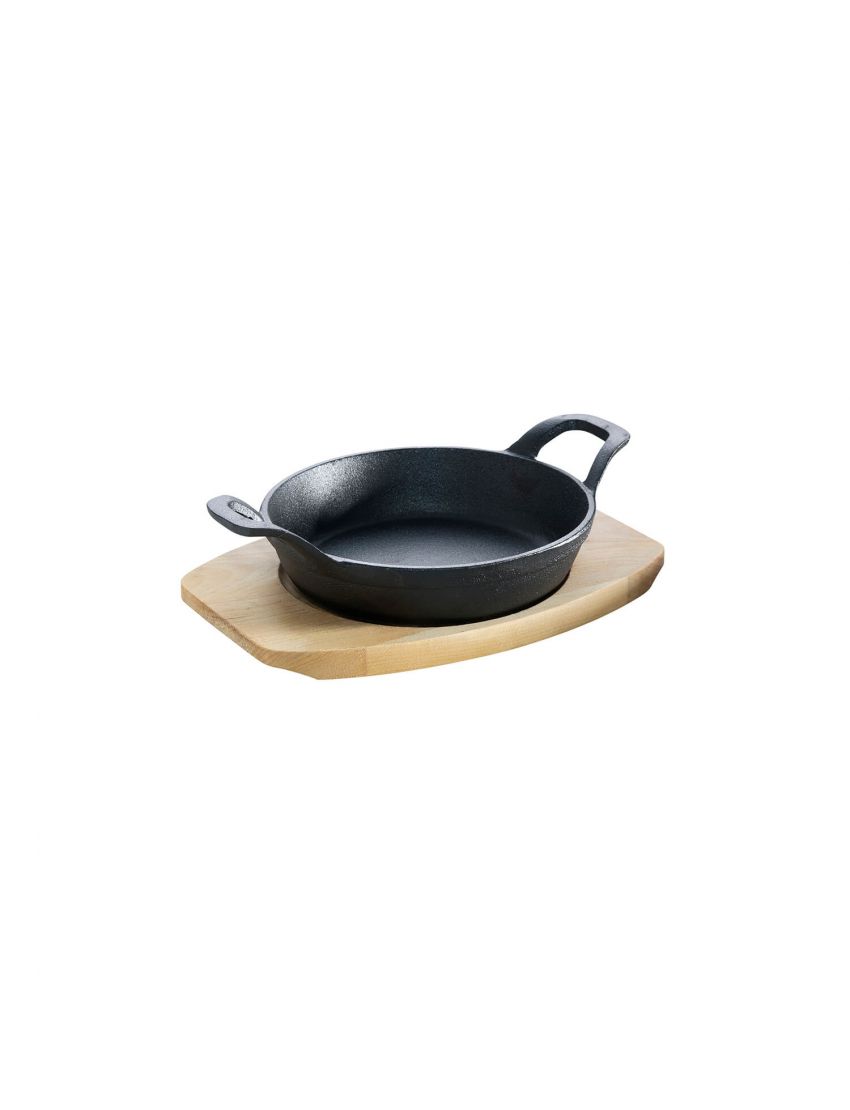 Cast iron pan with 2 handles, Ø 12 cm, and wooden base