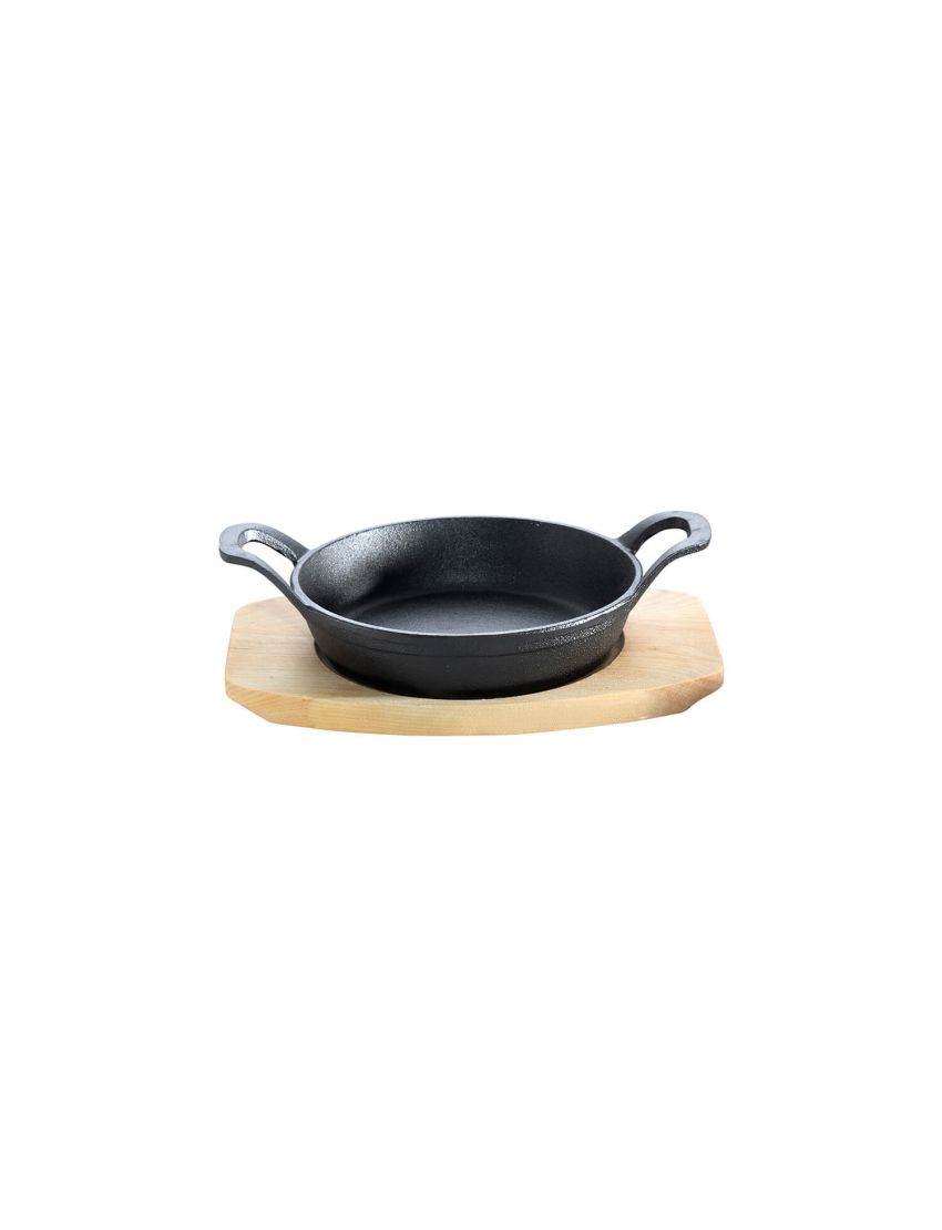 Cast iron pan with 2 handles, Ø 12 cm, and wooden base