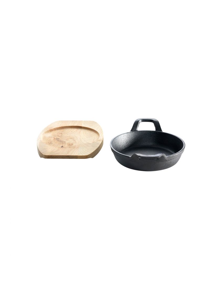 Cast iron pan with 2 handles, Ø 12 cm, and wooden base