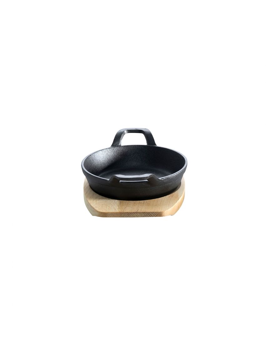 Cast iron pan with 2 handles, Ø 12 cm, and wooden base