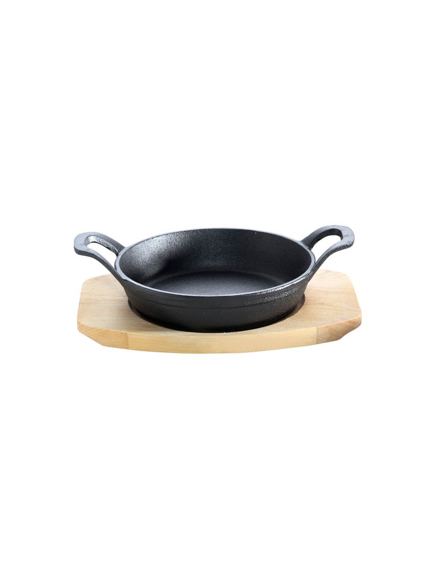 Cast iron pan with 2 handles, Ø 15 cm, and wooden base