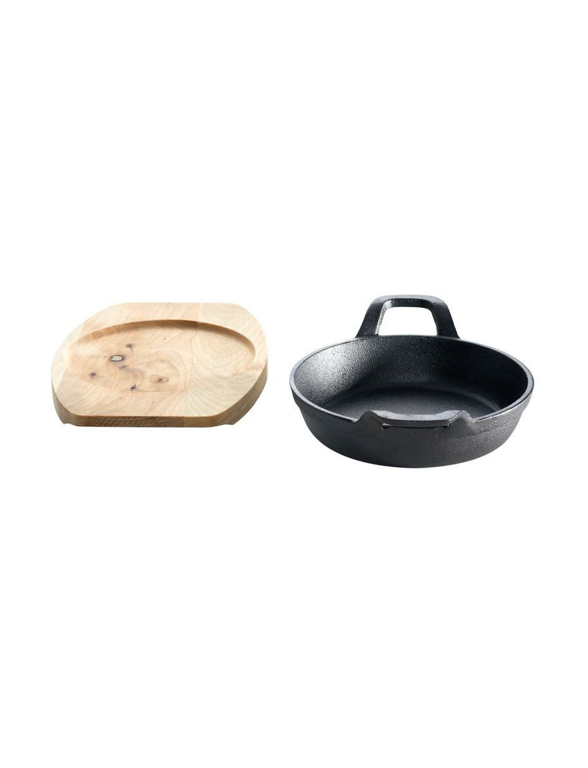 Cast iron pan with 2 handles, Ø 15 cm, and wooden base