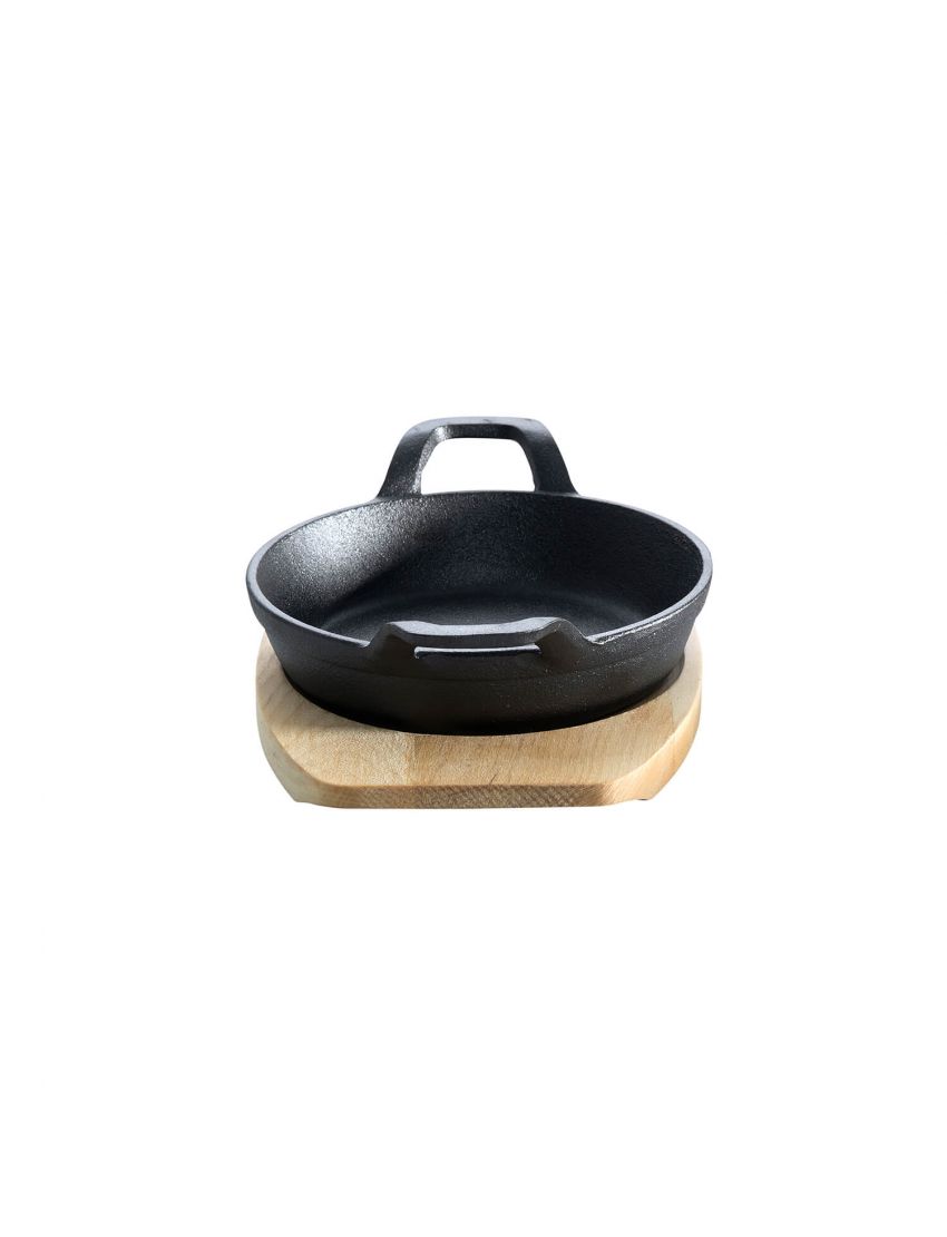 Cast iron pan with 2 handles, Ø 15 cm, and wooden base