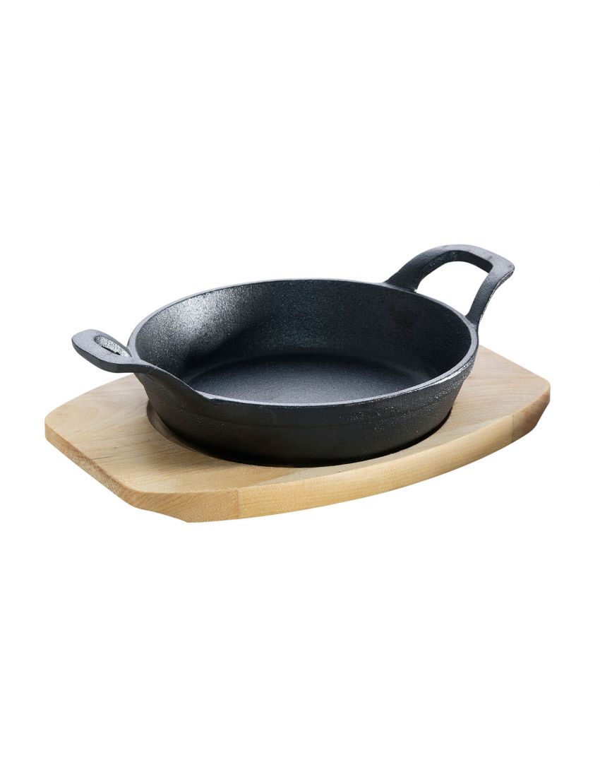 Cast iron pan with 2 handles, Ø 18 cm, and wooden base