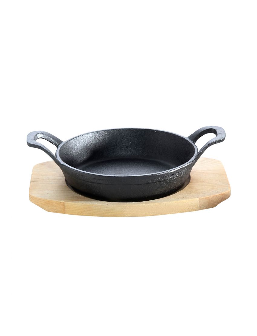 Cast iron pan with 2 handles, Ø 18 cm, and wooden base