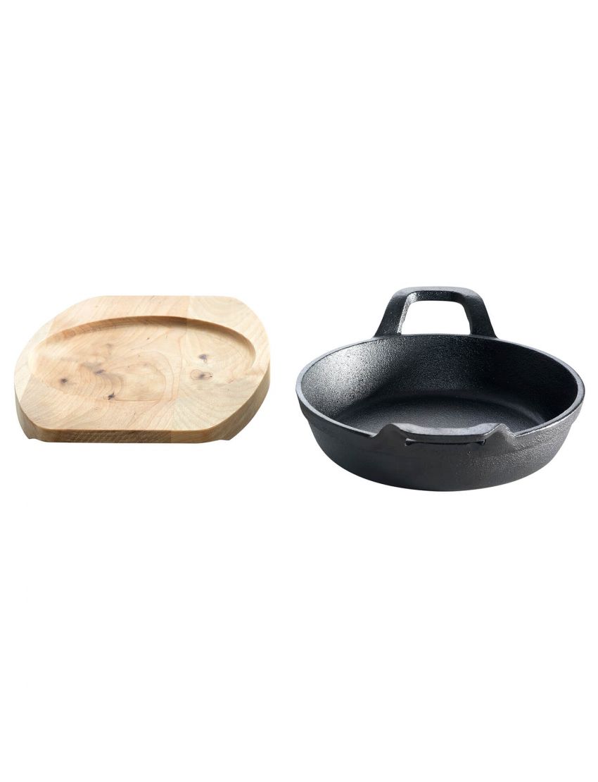 Cast iron pan with 2 handles, Ø 18 cm, and wooden base