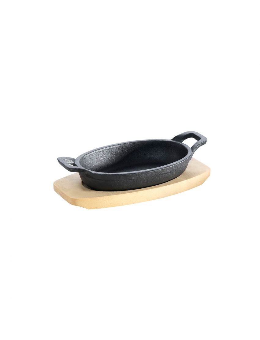 Cast iron pan - oval - with 2 handles Ø 21x15.5 cm and wooden base
