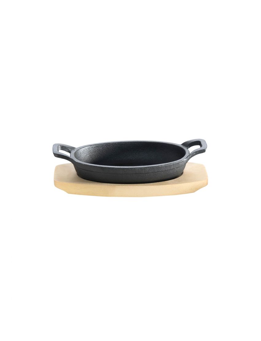 Cast iron pan - oval - with 2 handles Ø 21x15.5 cm and wooden base