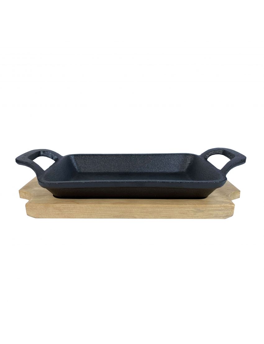 Cast iron frying pan with 2 handles 22.5x10cm with wooden base