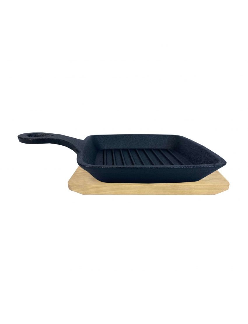 Cast iron pan with handle 14x14 cm with wooden base