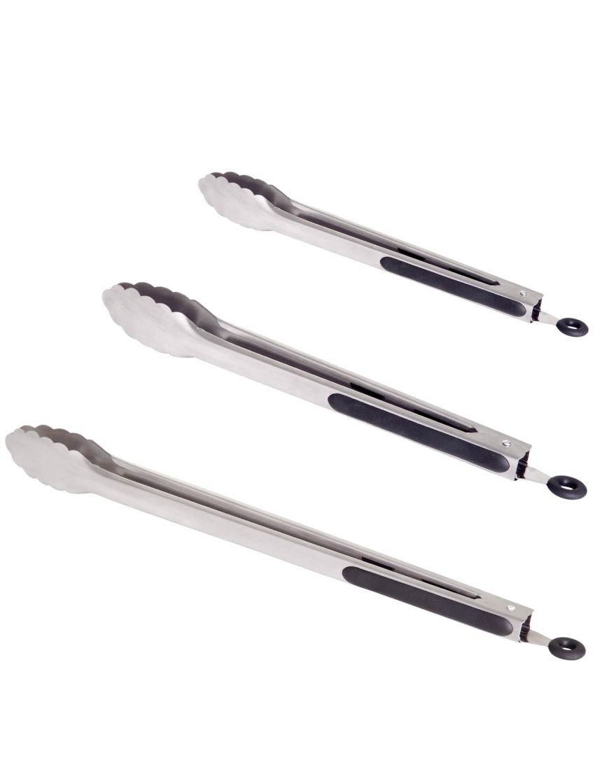 Set of 3 stainless steel barbecue/grill tongs, length 23, 31 and 41 cm