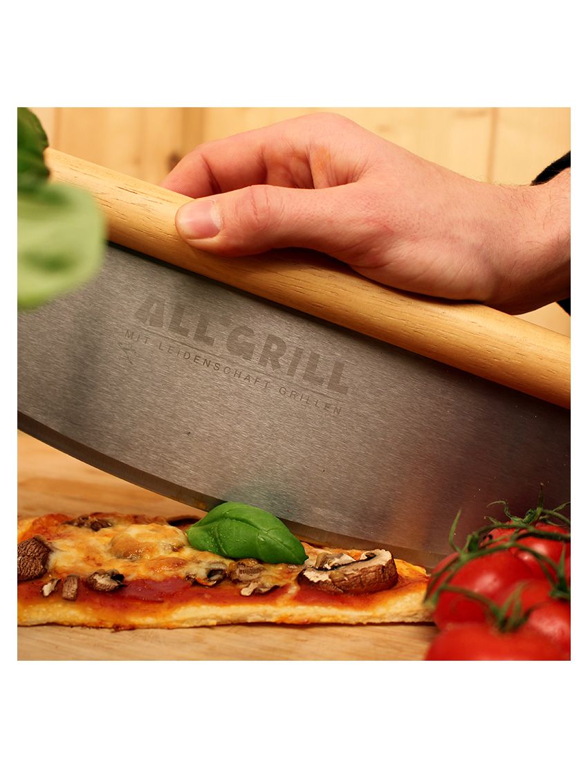 Stainless steel pizza cutter with wooden handle