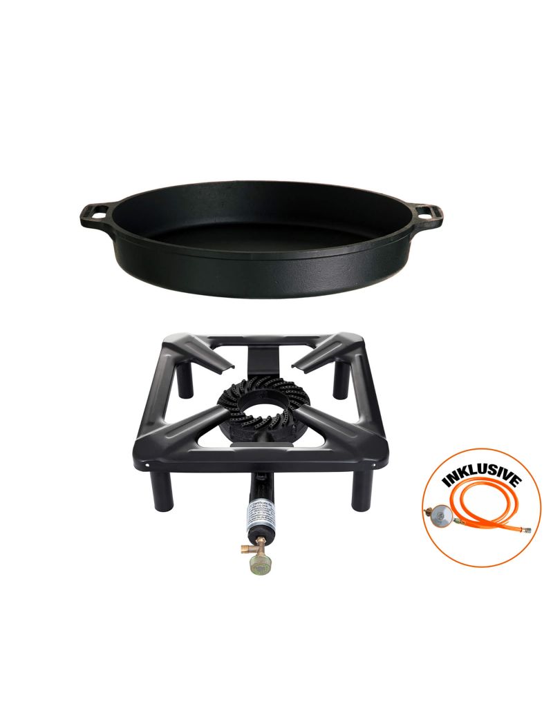 Table cooking set (small) with cast iron pan Ø 40 cm, including gas hose and regulator