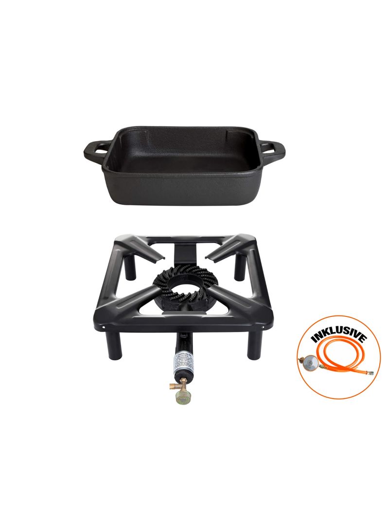 Table cooking set (small) with cast iron pan 26 x 26 cm, including gas hose and regulator
