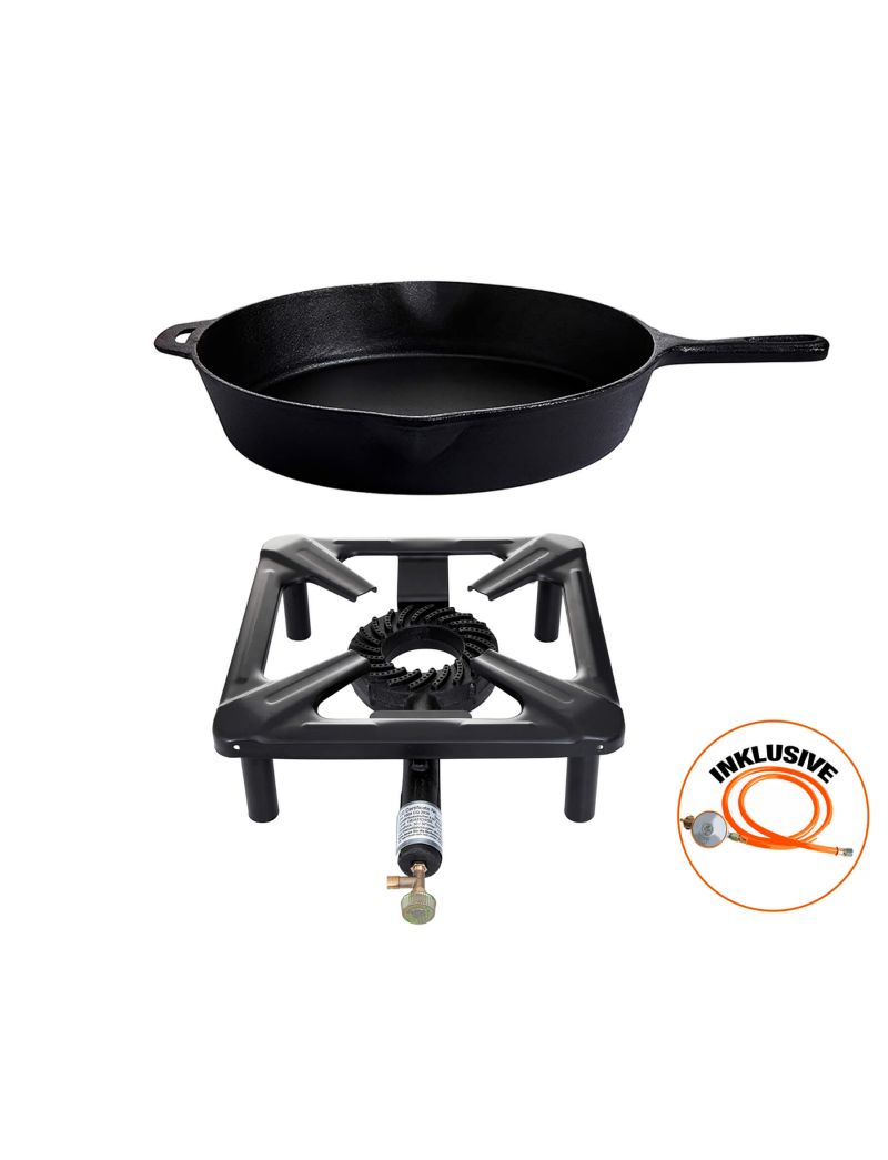 Table cooking set (small) with cast iron pan Ø 39 cm, including gas hose and regulator