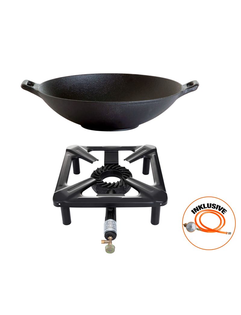 Table cooking set (large) with cast iron wok Ø 37 cm, including gas hose and regulator