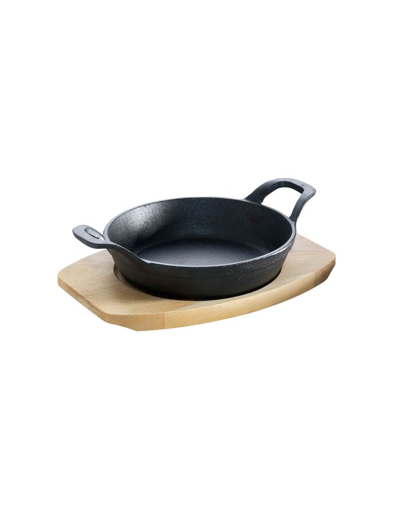 Cast iron pan with 2 handles, Ø 15 cm, and wooden base