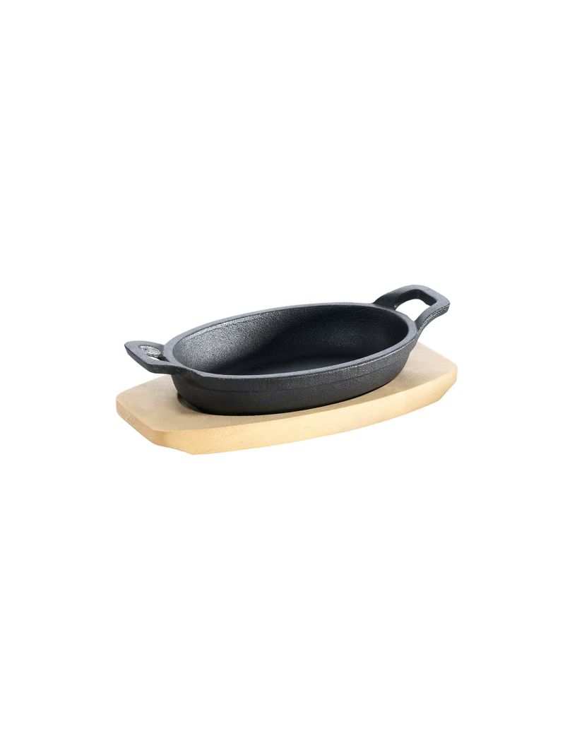 Cast iron pan - oval - with 2 handles Ø 21x15.5 cm and wooden base