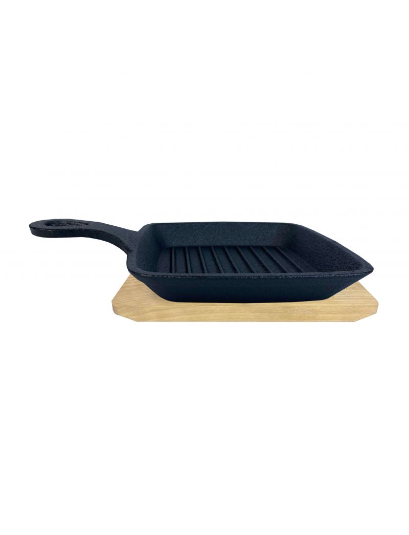 Cast iron pan with handle 14x14 cm with wooden base
